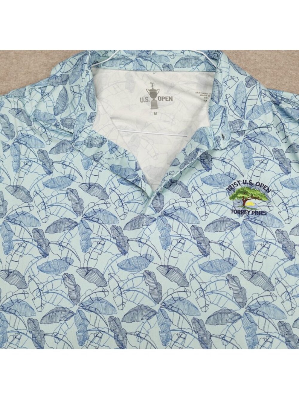 US Open Polo Shirt Large Blue All Over Print Floral Torrey Pines Embroidered